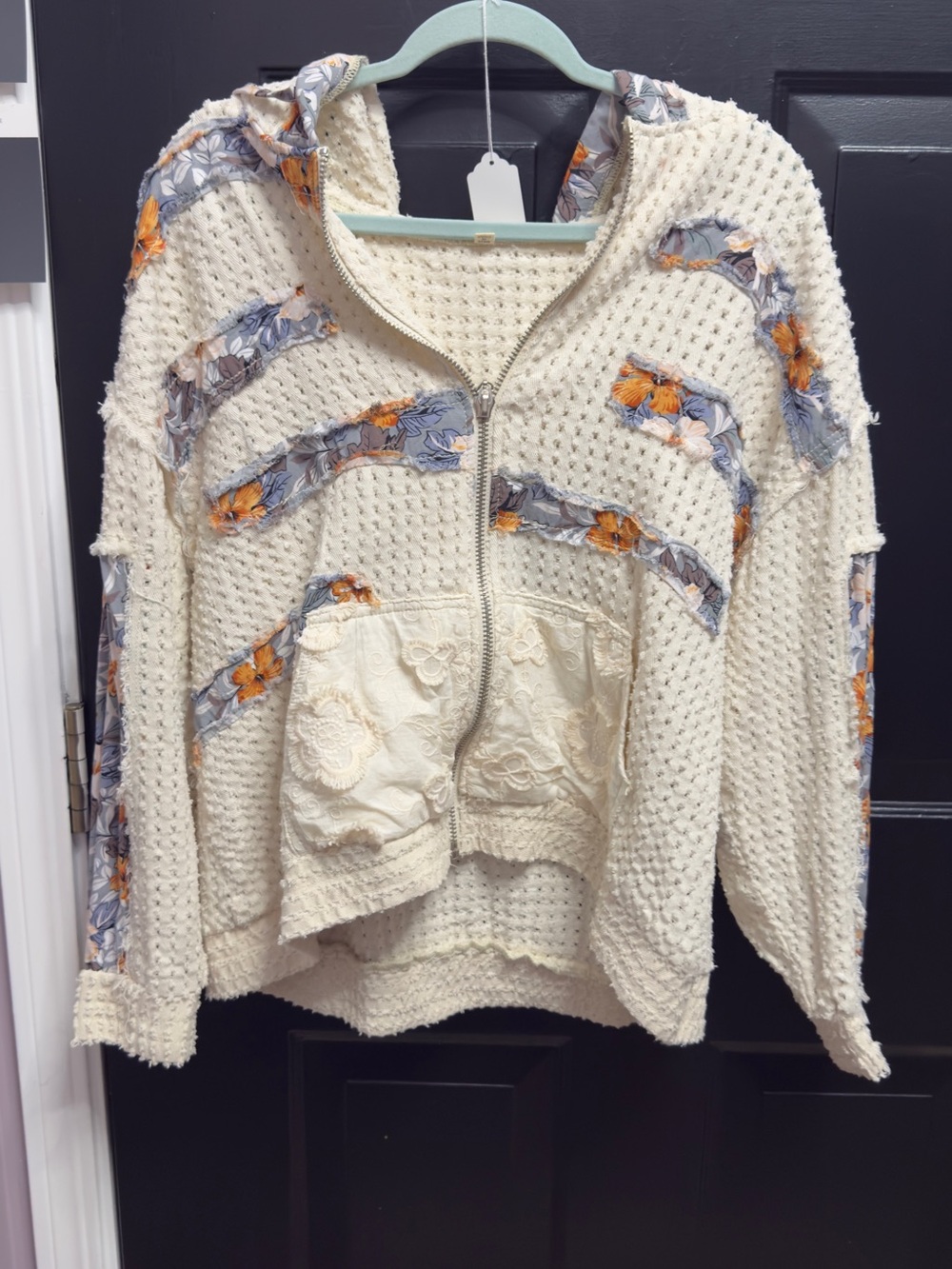 NWOT Cream Waffle Knit Zip Hoodie with Floral Trim